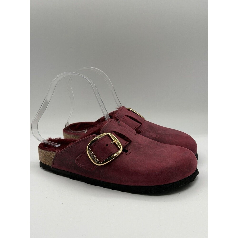 Birkenstock Boston Clogs Big Buckle Shearling Shoes Maroon Comfy 37 EU 6 US New - Picture 1 of 7